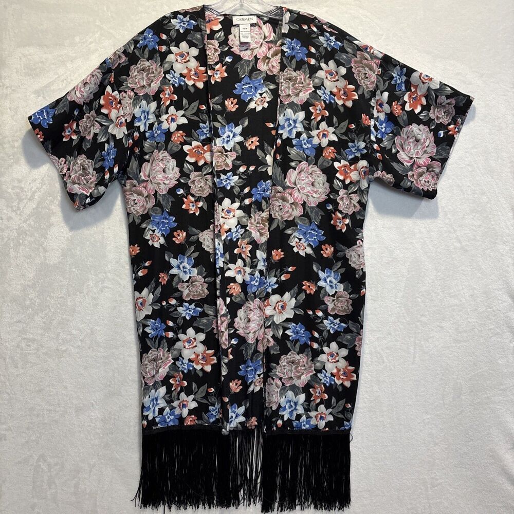 Carmen Women's Swimsuit Coverup Black Tropical Floral Fringe Open Front Kimono